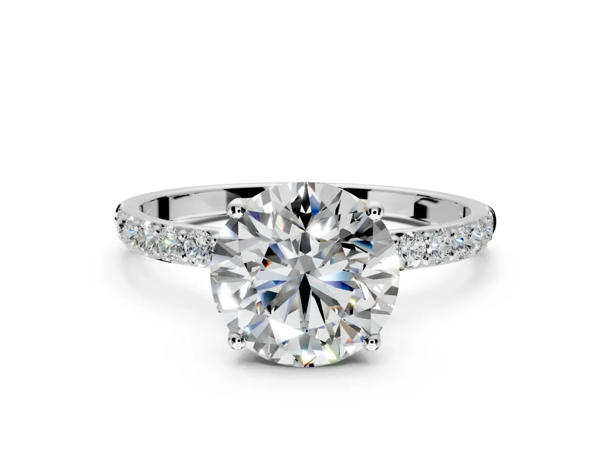Solitaire Engagement Ring Setting for Round Cut Center with Fine Pave Accents and Prong Head in Platinum