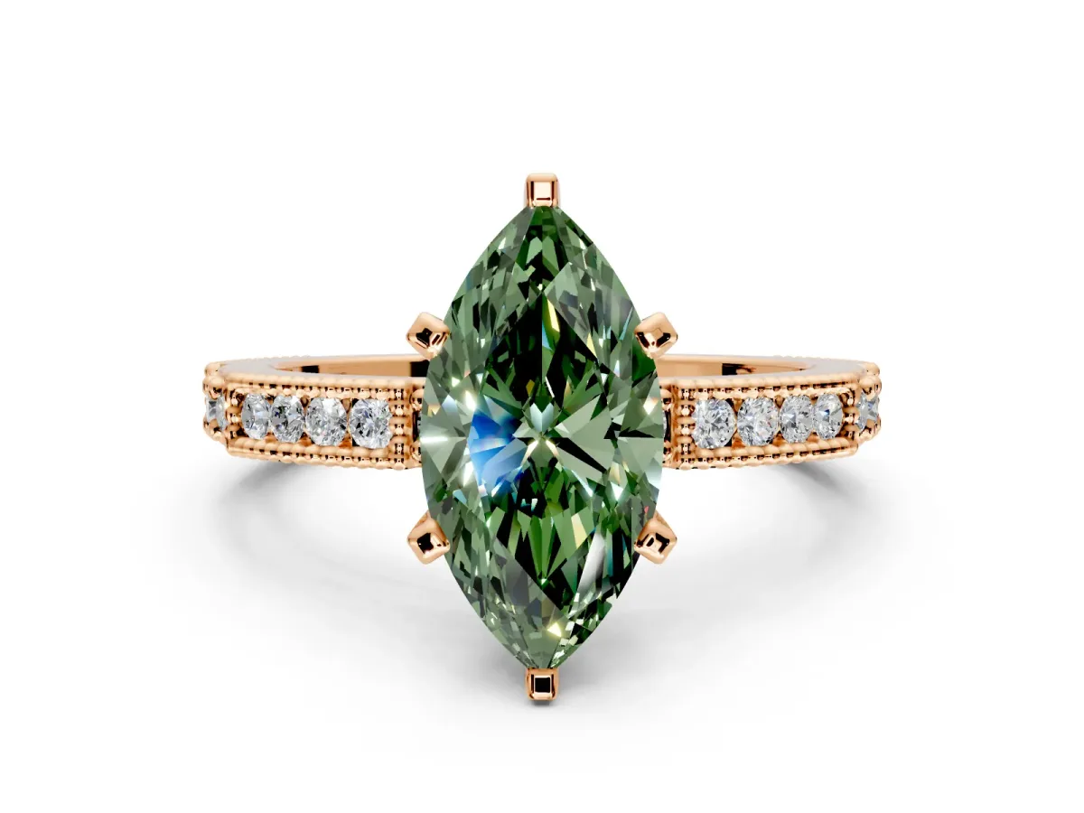 Solitaire Engagement Ring Setting for Fancy Green Marquise Center with Milgrain-Edged Pave Band and Prong Head in Rose Gold
