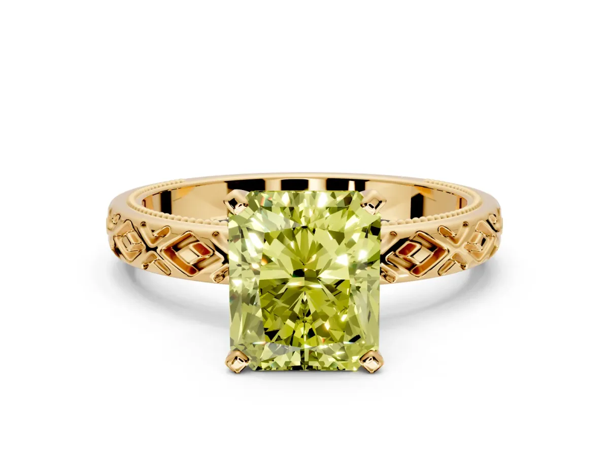 Solitaire Engagement Ring Setting for Fancy Yellow Radiant Cut Center with Milgrain X Pattern Band and Prong Head in Yellow Gold
