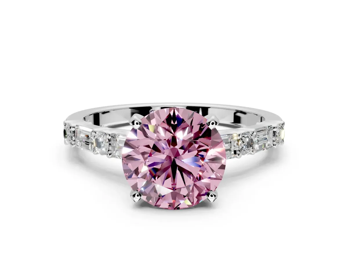 Baguette Engagement Ring Setting for Fancy Pink Round Cut Center with Alternating Bar-Set Band and Prong Head in White Gold