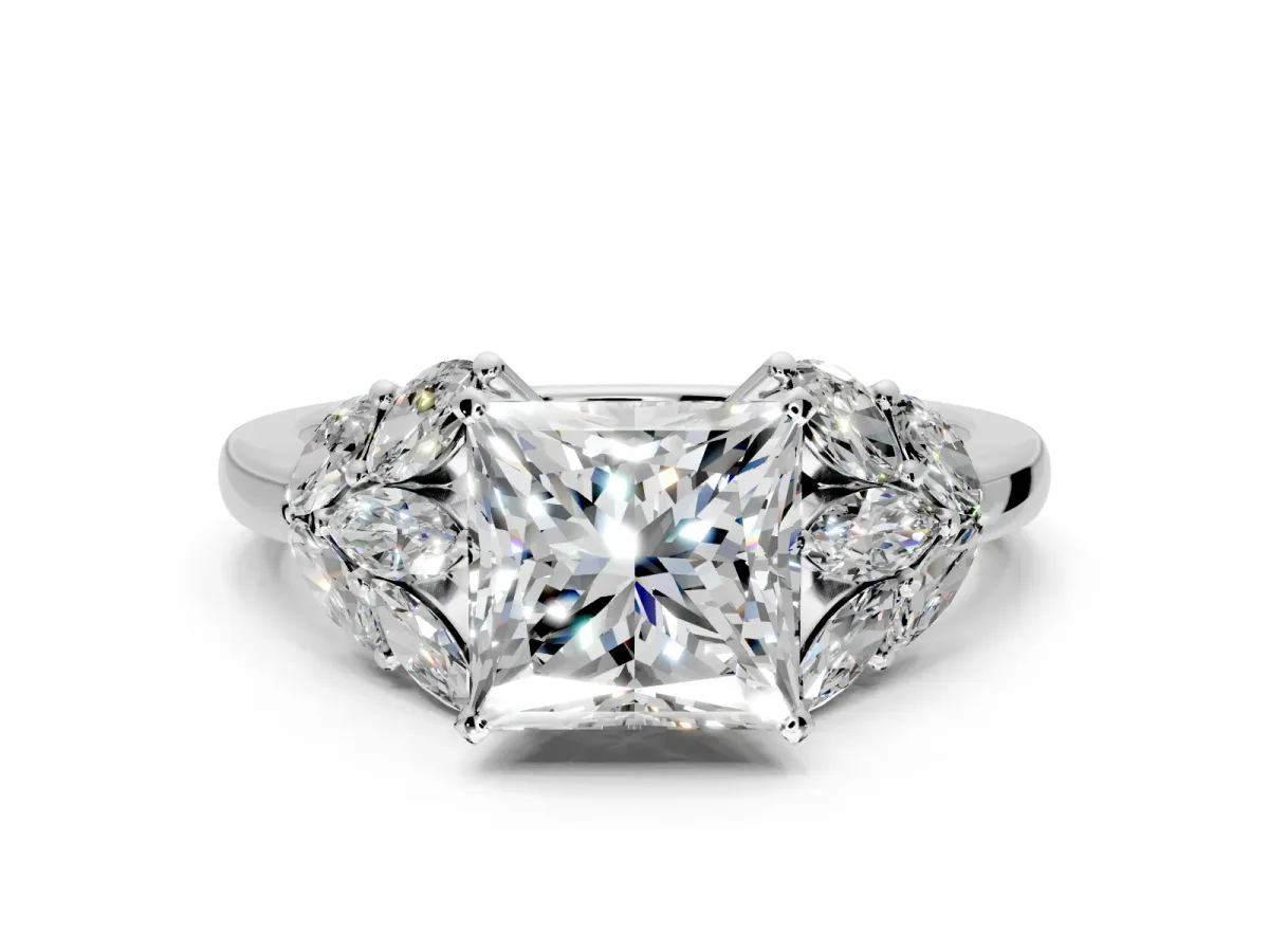 Leaf Cluster Engagement Ring Setting for Princess Cut Center with Marquise Accents and Prong Head in Platinum