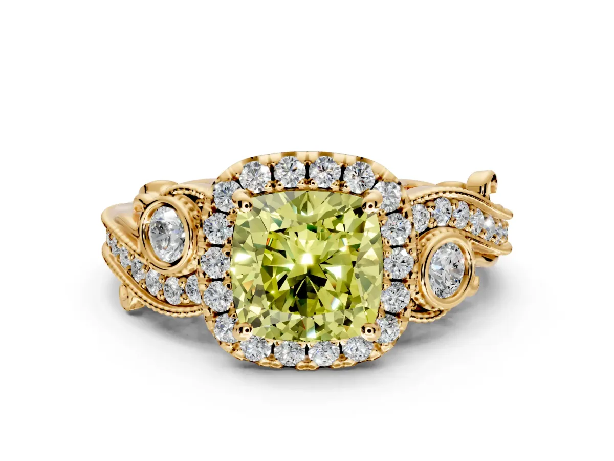 Milgrain Halo Engagement Ring Setting for Fancy Yellow Cushion Cut Center with Shoulder Bezels and Prong Head in Yellow Gold