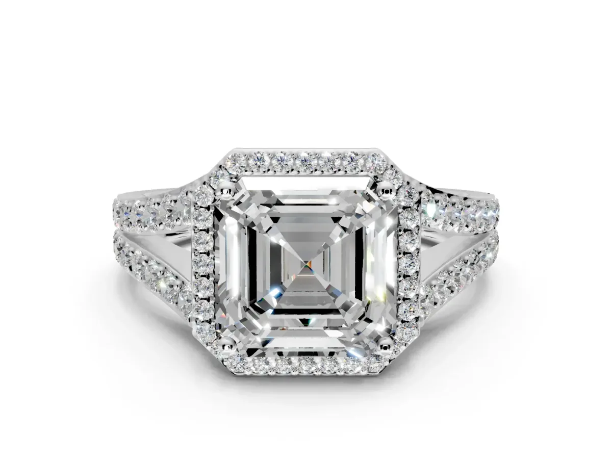 Halo Engagement Ring Setting for Asscher Cut Center with Narrow Pave Split Shank and Prong Head in Sterling Silver