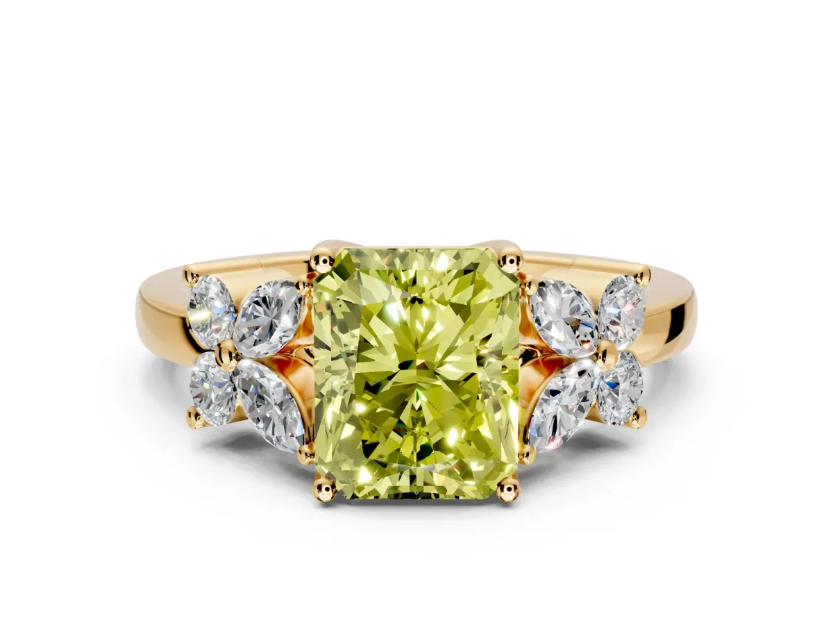 Floral Engagement Ring Setting for Fancy Yellow Radiant Cut Center with Marquise Cluster Shoulders and Prong Head in Yellow Gold