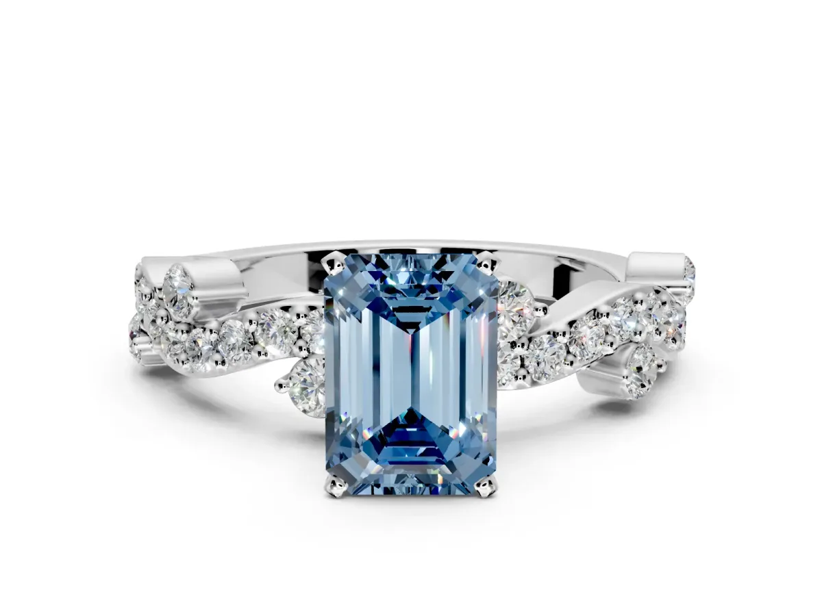 Solitaire Engagement Ring Setting for Fancy Blue Emerald Cut Center with Bar-Station Pave Twist and Prong Head in Platinum