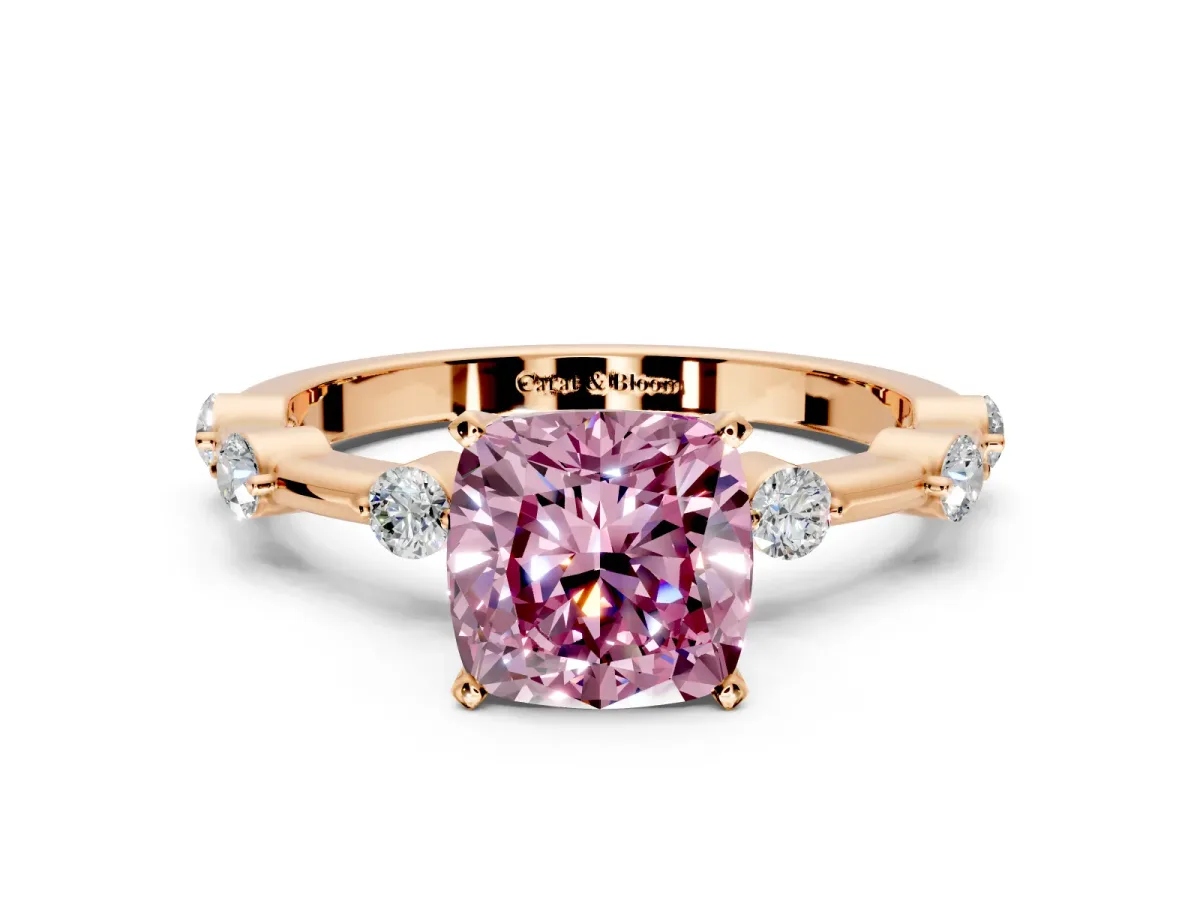 Solitaire Engagement Ring Setting for Fancy Pink Cushion Cut Center with Bezel Station Band and Prong Head in Rose Gold