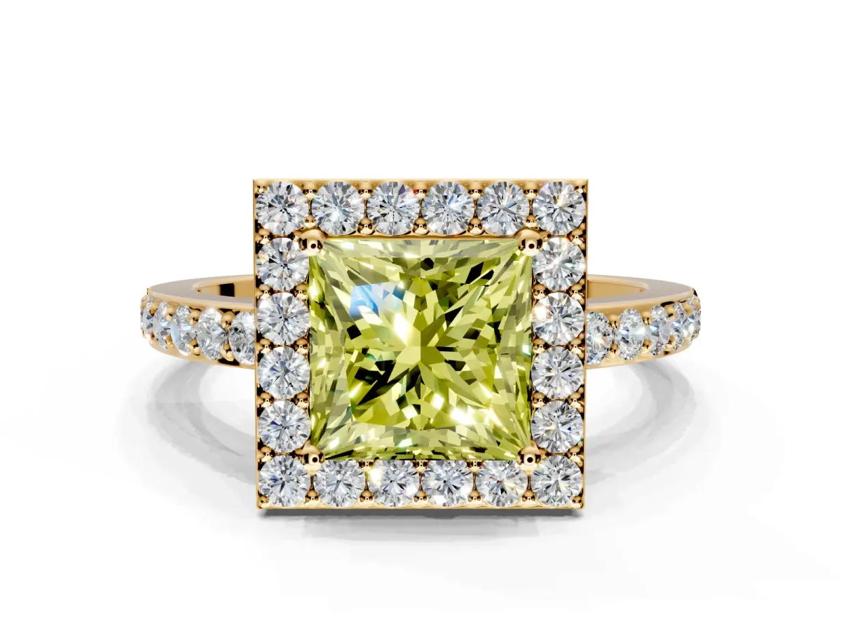 Halo Engagement Ring Setting for Fancy Yellow Princess Cut Center with Heart-Shaped Openwork, Pave Band and Prong Head in Yellow Gold