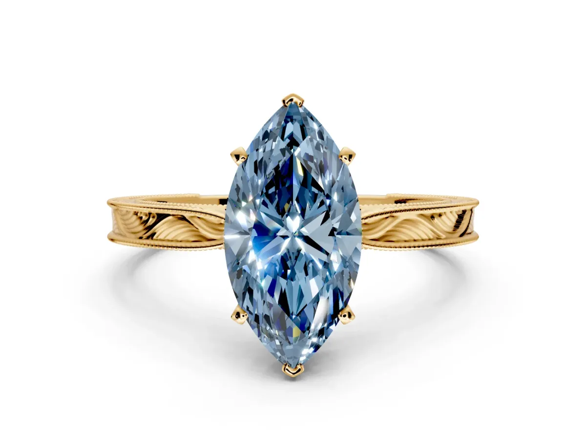Solitaire Engagement Ring Setting for Fancy Blue Marquise Center with Engraved Milgrain Band and Prong Head in Yellow Gold