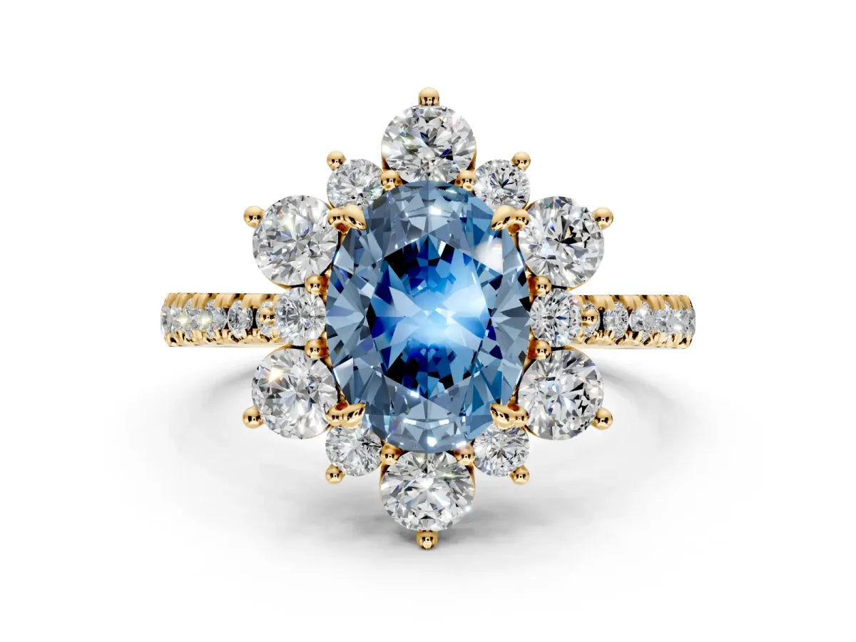 Floral Halo Engagement Ring Setting for Fancy Blue Oval Center with Pave Accents and Prong Head in Yellow Gold