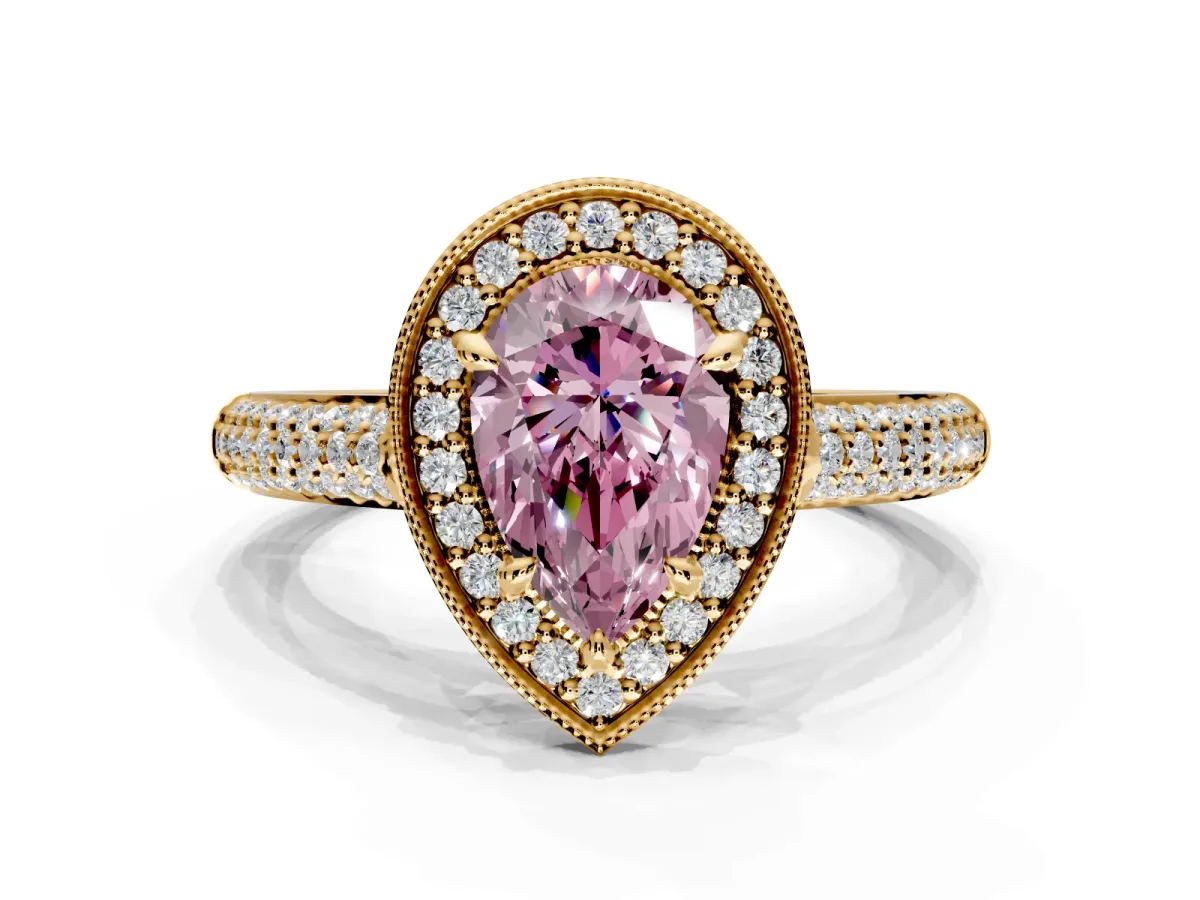Milgrain Halo Engagement Ring Setting for Fancy Pink Pear-Shaped Center with Three-Sided Pave Band and Prong Head in Yellow Gold