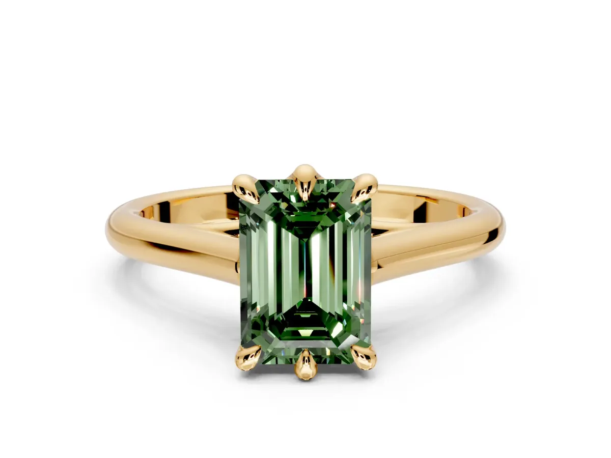 Solitaire Engagement Ring Setting for Fancy Green Emerald Cut Center with Cathedral Band and Prong Head in Yellow Gold