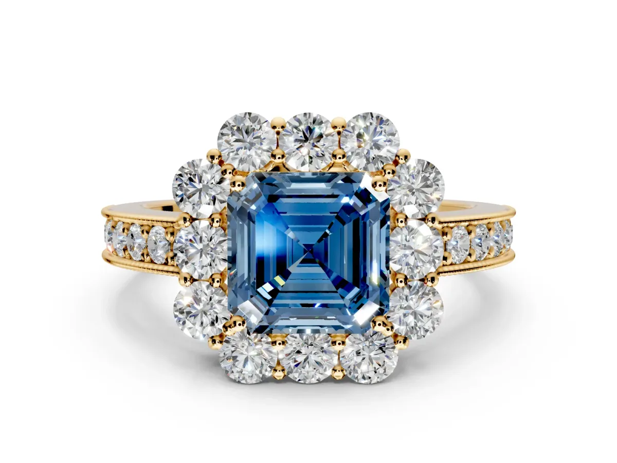 Halo Engagement Ring Setting for Fancy Blue Asscher Cut Center with Milgrain Channel Band and Prong Head in Yellow Gold