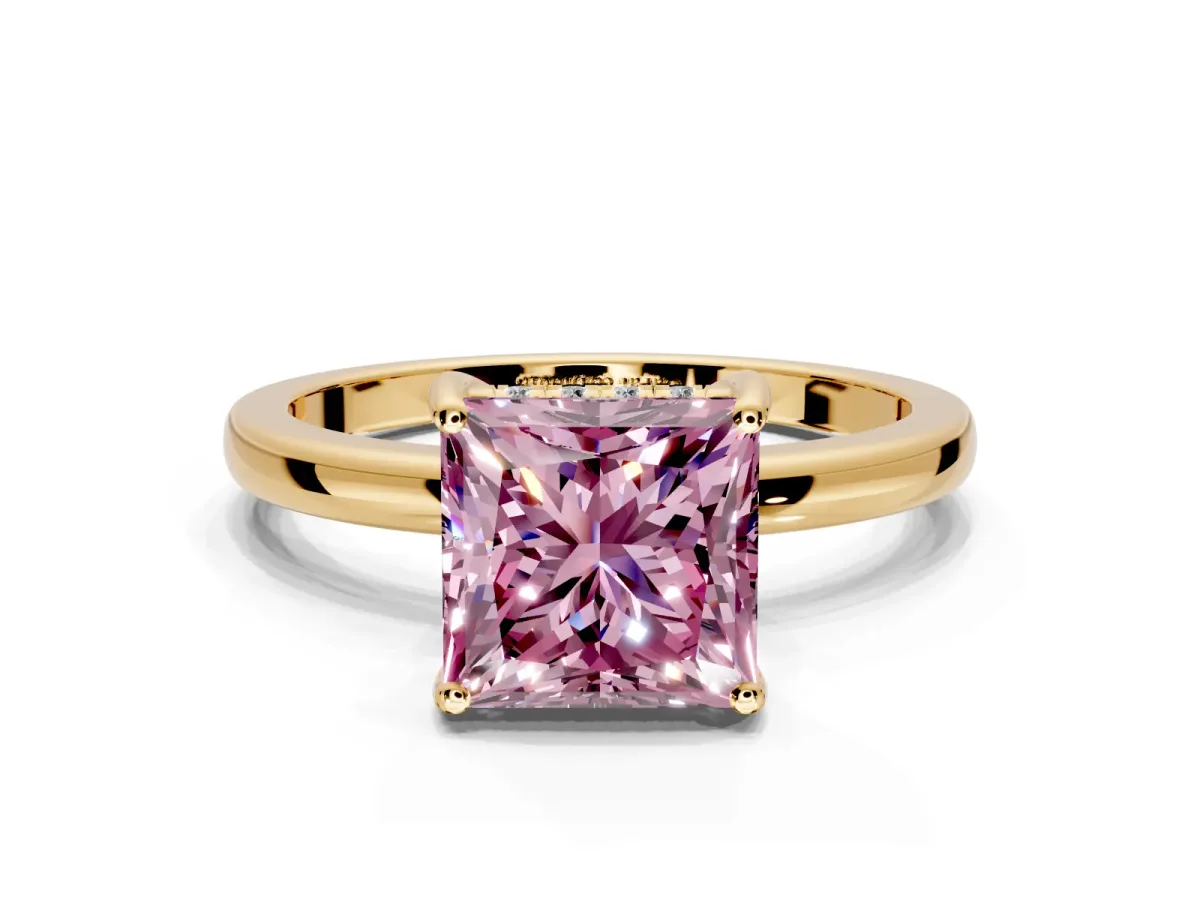 Solitaire Engagement Ring Setting for Fancy Pink Princess Cut Center with Fine Wire Band and Prong Head in Yellow Gold