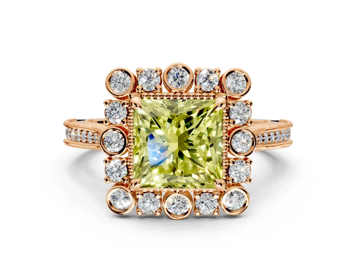 Milgrain Halo Engagement Ring Setting for Fancy Yellow Princess Cut Center with Bezel Point Accents and Prong Head in Rose Gold