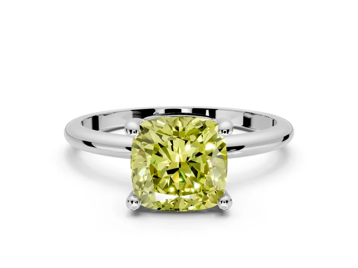 Minimalist Solitaire Engagement Ring Setting for Fancy Yellow Cushion Cut Center with Thin Band and Prong Head in Platinum
