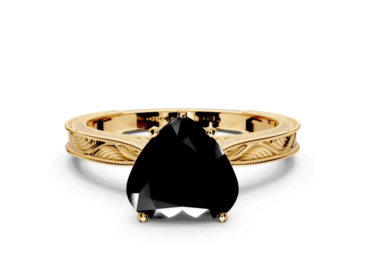 Solitaire Engagement Ring Setting for Fancy Black Heart-Shaped Center with Engraved Milgrain Band and Prong Head in Yellow Gold