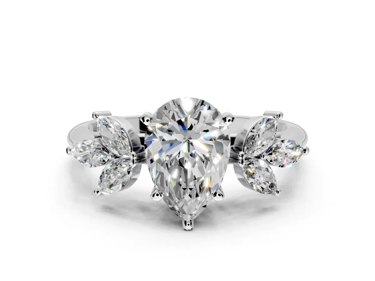 Floral Cluster Engagement Ring Setting for Pear-Shaped Center with Marquise Accents and Prong Head in Platinum