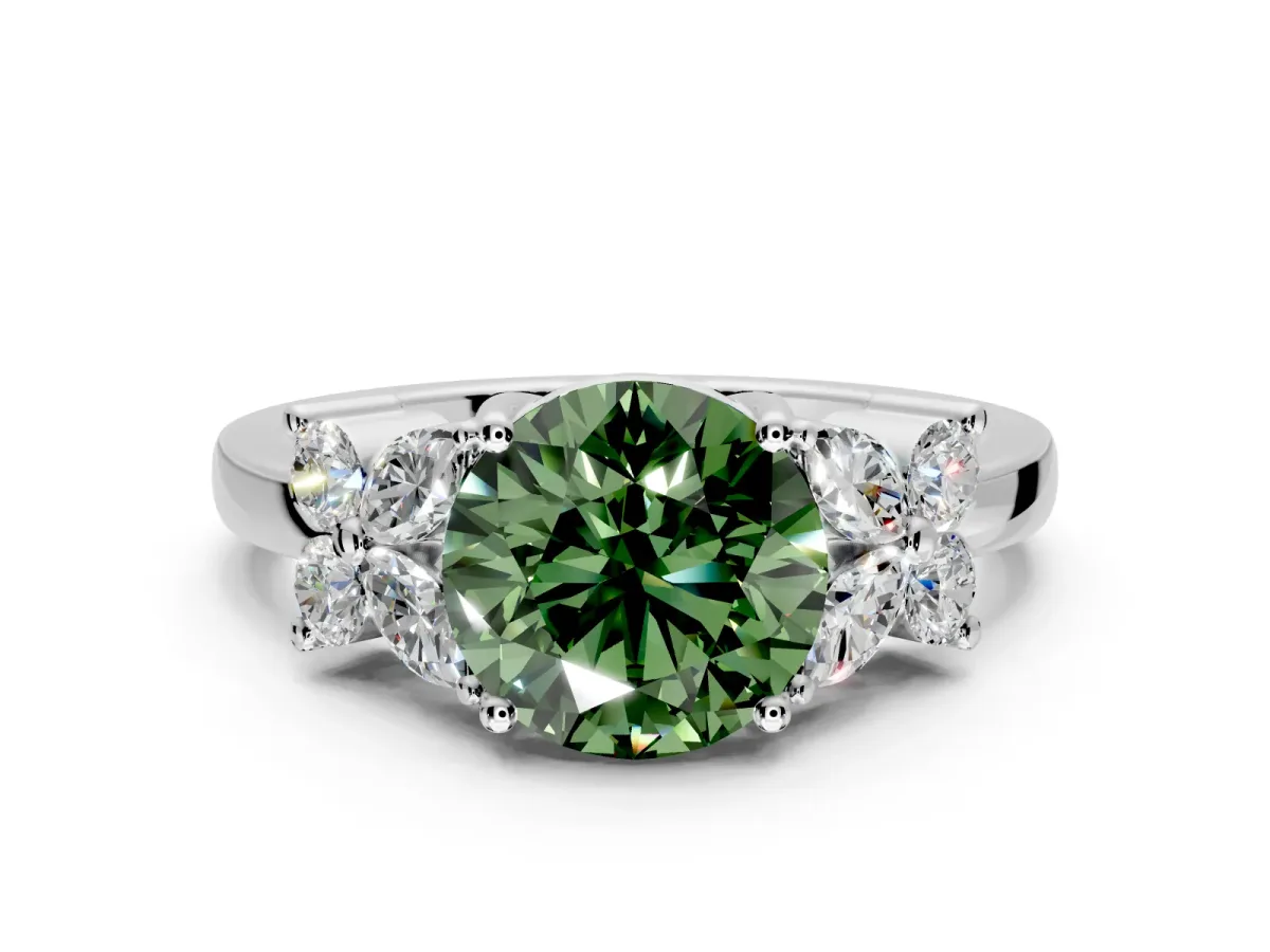 Floral Engagement Ring Setting for Fancy Green Round Cut Center with Marquise Cluster Shoulders and Prong Head in White Gold