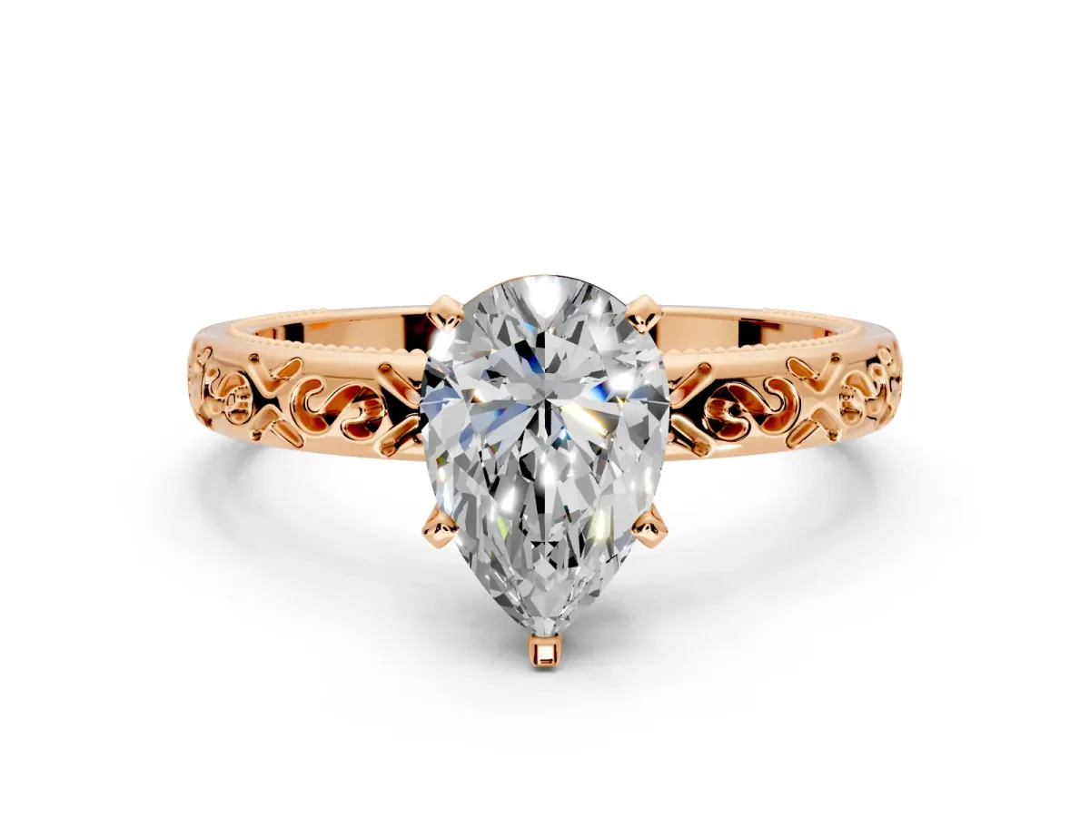 Solitaire Engagement Ring Setting for Pear-Shaped Center with Scrollwork Band and Prong Head in Rose Gold