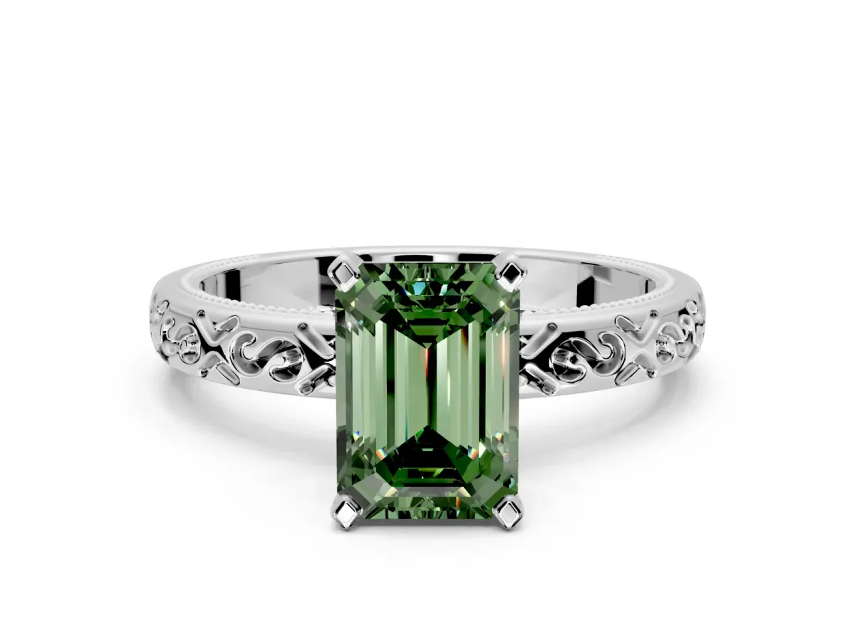Solitaire Engagement Ring Setting for Fancy Green Emerald Cut Center with Scrollwork Band and Prong Head in White Gold