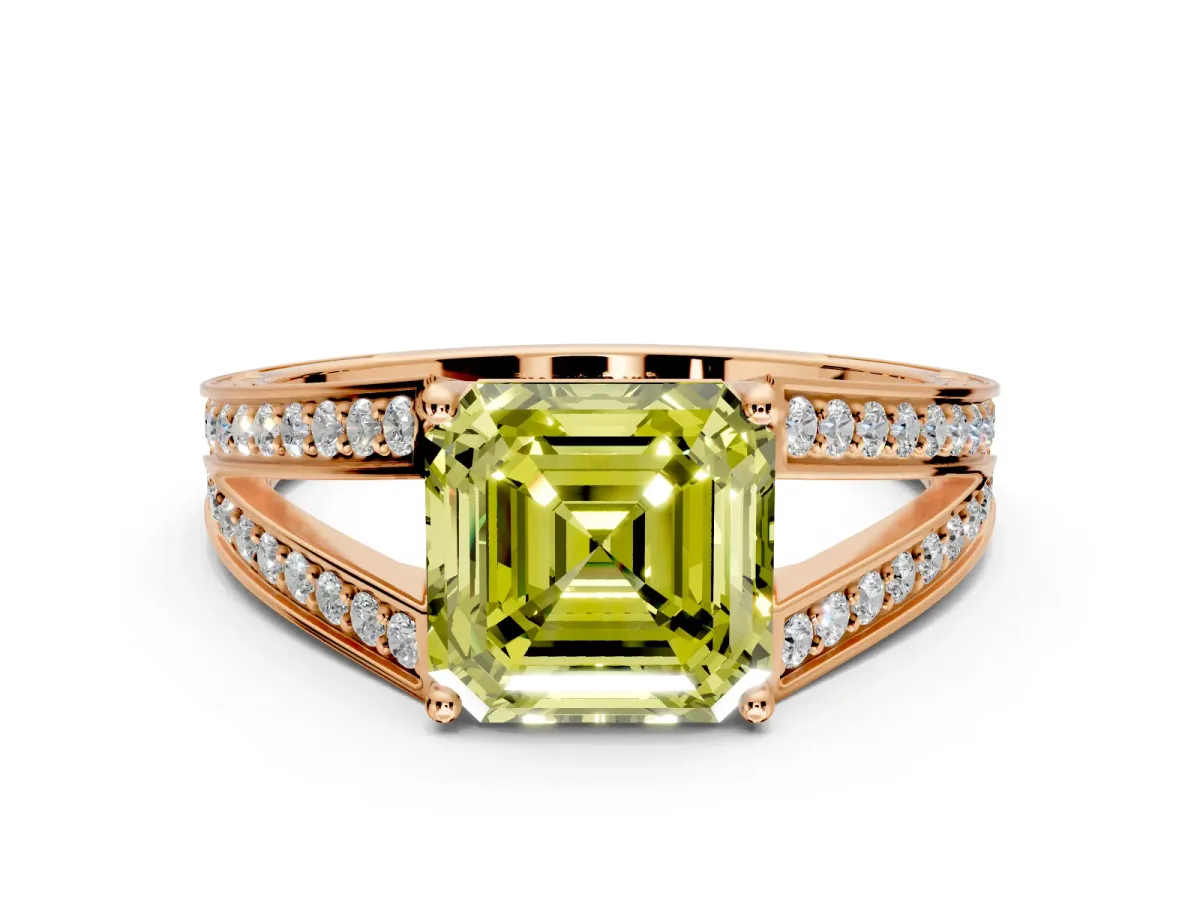 Split Shank Engagement Ring Setting for Fancy Yellow Asscher Cut Center with Pave Split Shank and Prong Head in Rose Gold