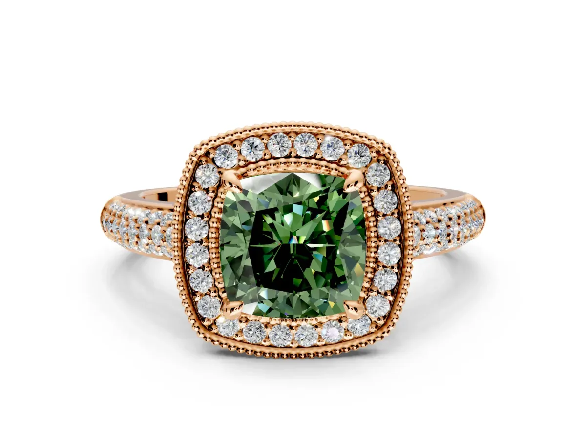 Milgrain Halo Engagement Ring Setting for Fancy Green Cushion Cut Center with Three-Sided Pave Band and Prong Head in Rose Gold
