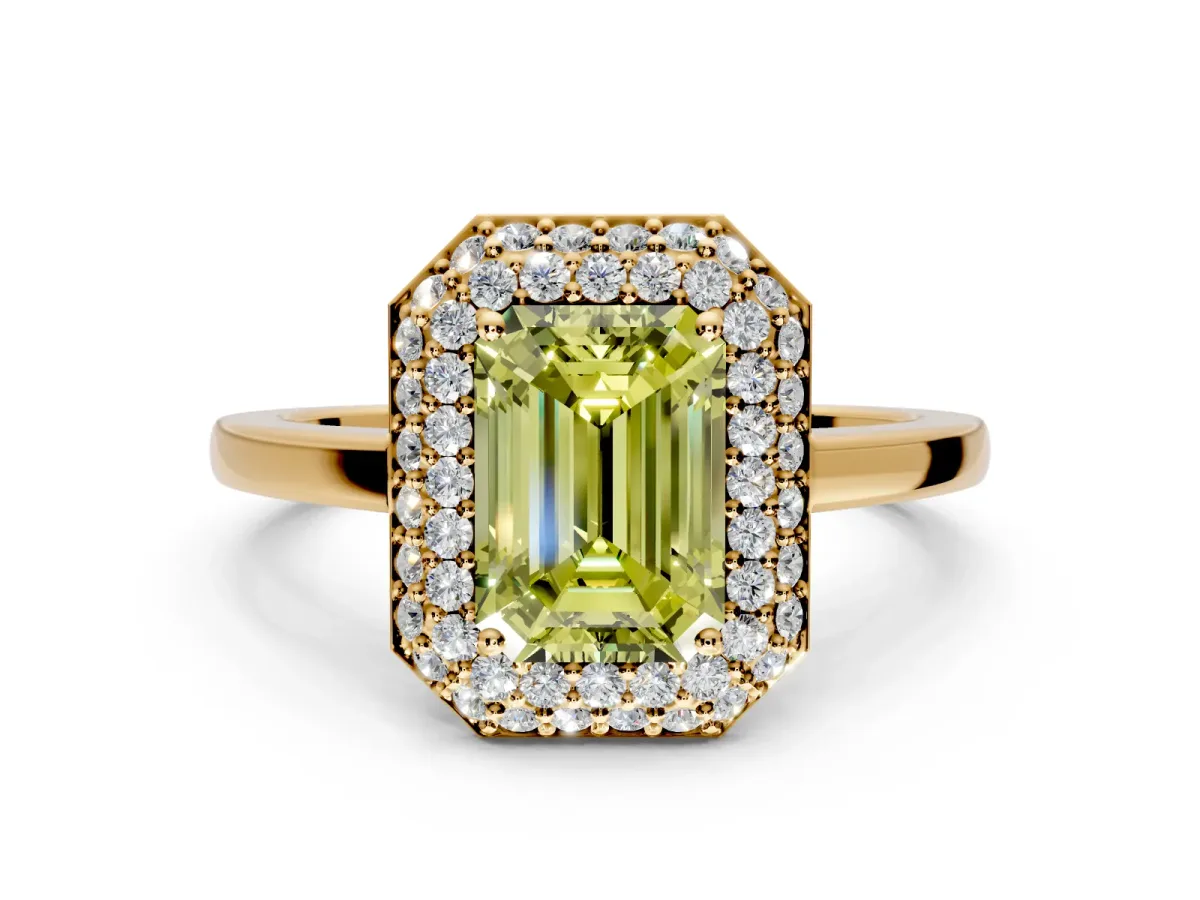 Halo Engagement Ring Setting for Fancy Yellow Emerald Cut Center with Plain Tapered Band and Prong Head in Yellow Gold