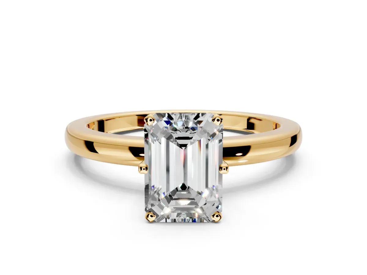 Solitaire Engagement Ring Setting for Emerald Cut Center with Plain Band and Tulip Prong Head in Yellow Gold