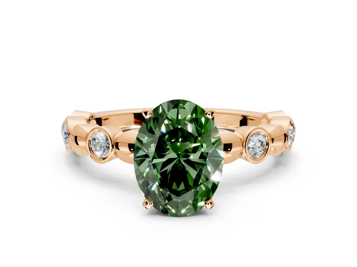 Solitaire Engagement Ring Setting for Fancy Green Oval Center with Beaded Bezel Station Band and Prong Head in Rose Gold