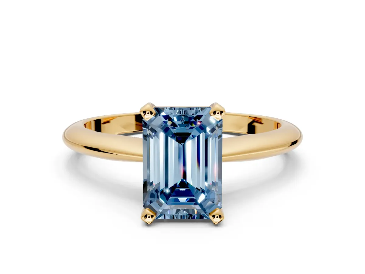 Solitaire Engagement Ring Setting for Fancy Blue Emerald Cut Center with Knife Ridge Band and Claw Prong Head in Yellow Gold