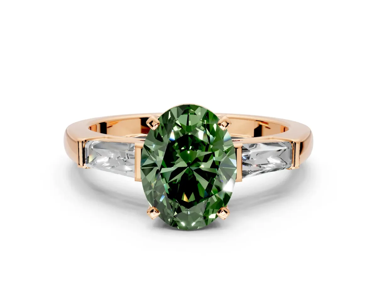 3 Stone Engagement Ring Setting for Fancy Green Oval Center with Tapered Baguettes, Plain Band and Prong Head in Rose Gold