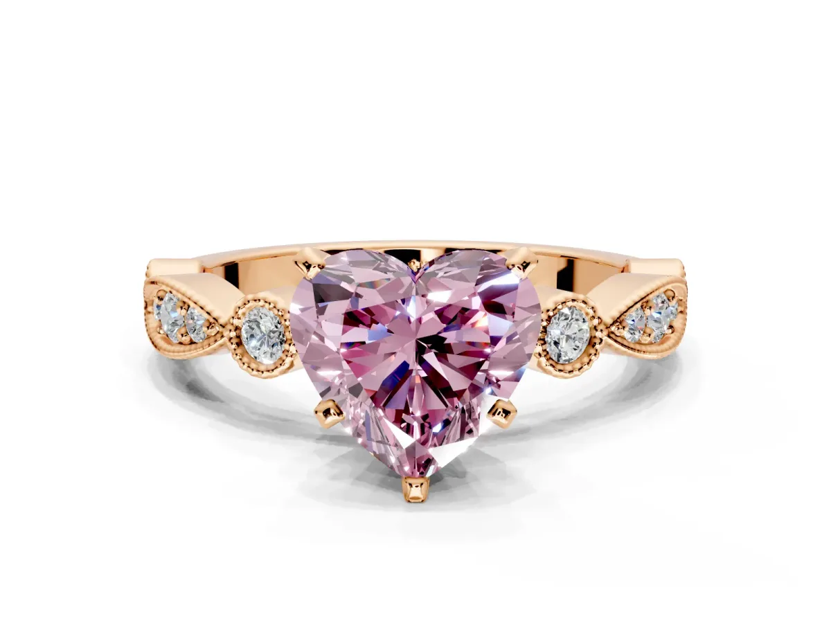 Solitaire Engagement Ring Setting for Fancy Pink Heart-Shaped Center with Milgrain Bezel Accents and Prong Head in Rose Gold
