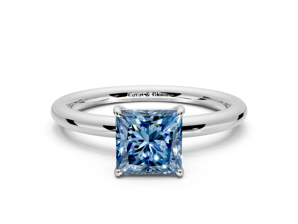 Low-Set Solitaire Engagement Ring Setting for Fancy Blue Princess Cut Center with Thin Plain Band and Prong Head in Platinum