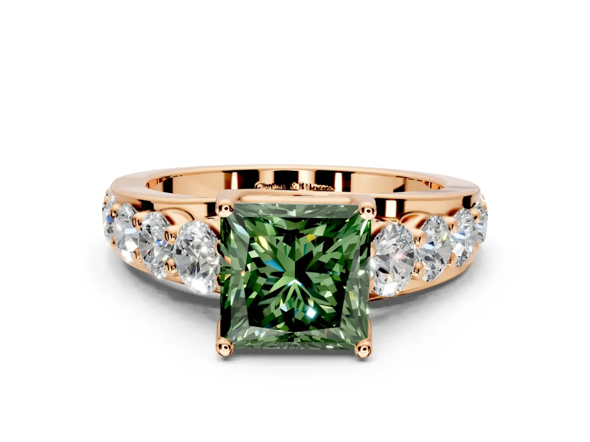 Solitaire Engagement Ring Setting for Fancy Green Princess Cut Center with Graduated Shared Prongs and Prong Head in Rose Gold