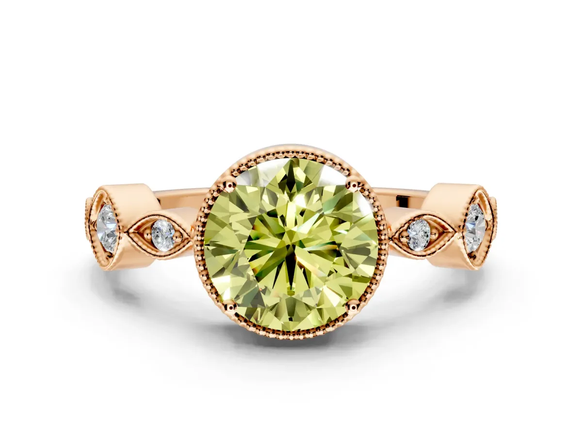 Vintage Station Engagement Ring Setting for Fancy Yellow Round Cut Center with Accents and Prong Head in Rose Gold