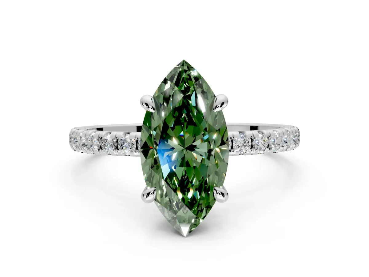 Solitaire Engagement Ring Setting for Fancy Green Marquise Center with Fine Pave Narrow Band and Prong Head in White Gold