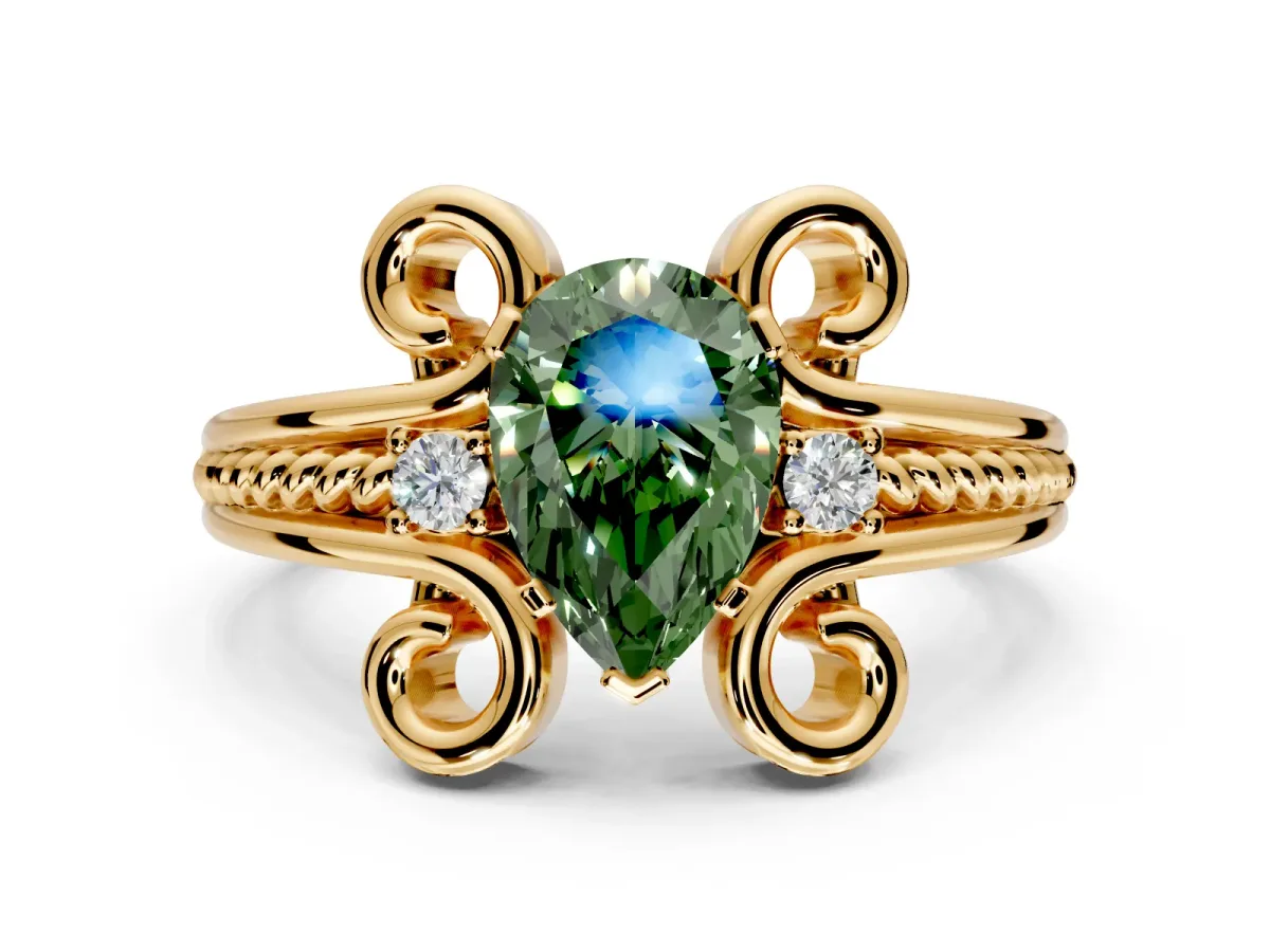 Solitaire Engagement Ring Setting for Fancy Green Pear-Shaped Center with Twisted Band and Scroll Prong Head in Yellow Gold