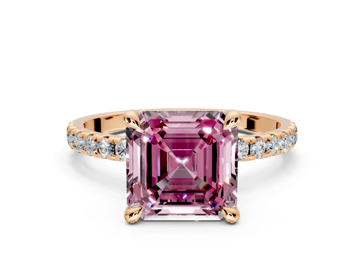 Solitaire Engagement Ring Setting for Fancy Pink Asscher Cut Center with Fine Pave Narrow Band and Prong Head in Rose Gold