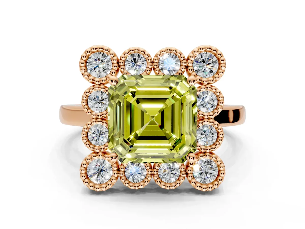 Cluster Halo Engagement Ring Setting for Fancy Yellow Asscher Cut Center with Milgrain Bezel Accents and Prong Head in Rose Gold