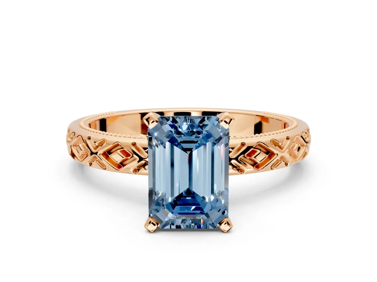 Solitaire Engagement Ring Setting for Fancy Blue Emerald Cut Center with Milgrain X Pattern Band and Prong Head in Rose Gold