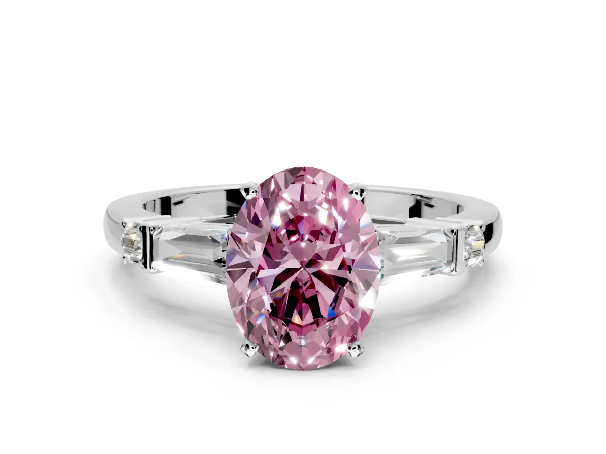Bar-Set Engagement Ring Setting for Fancy Pink Oval Center with Tapered Baguette Accents and Prong Head in Platinum