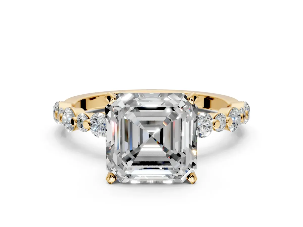 Solitaire Engagement Ring Setting for Asscher Cut Center with Alternating Size Accents and Prong Head in Yellow Gold