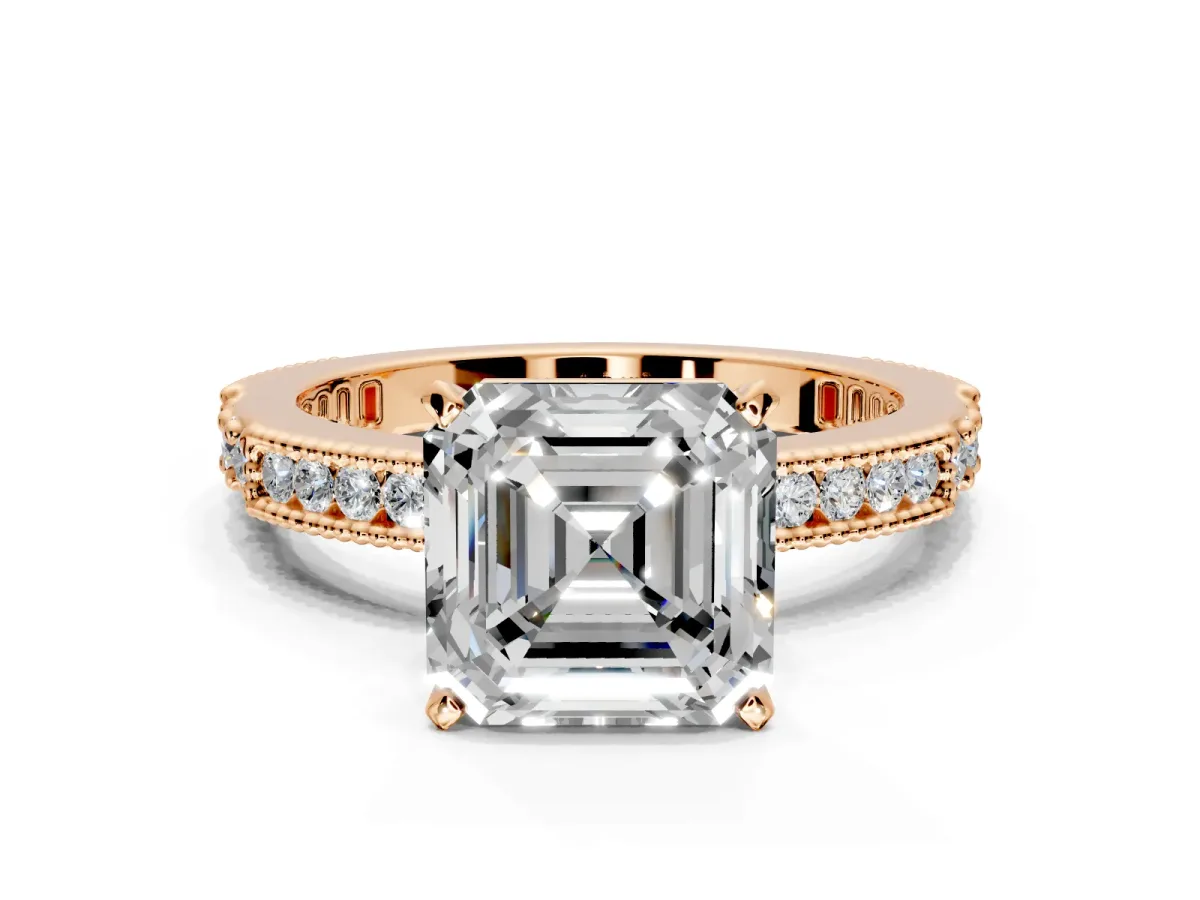 Solitaire Engagement Ring Setting for Asscher Cut Center with Milgrain-Edged Pave Band and Prong Head in Rose Gold