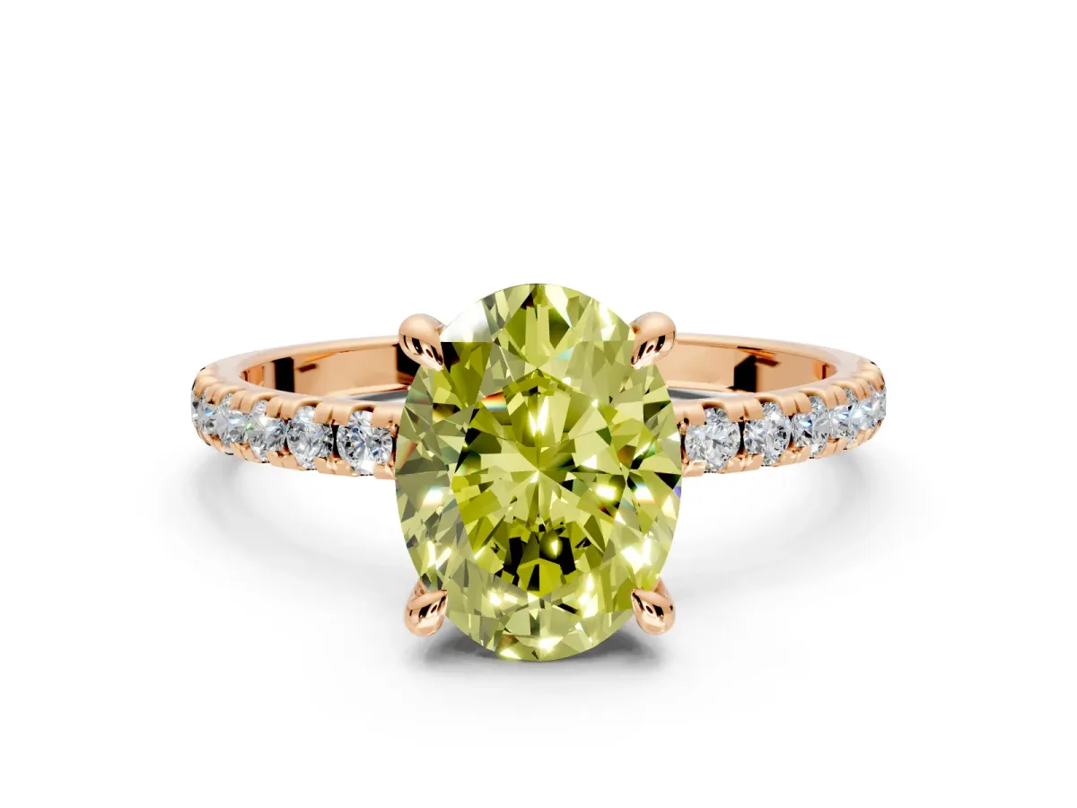 Solitaire Engagement Ring Setting for Fancy Yellow Oval Center with Fine Pave Narrow Band and Prong Head in Rose Gold