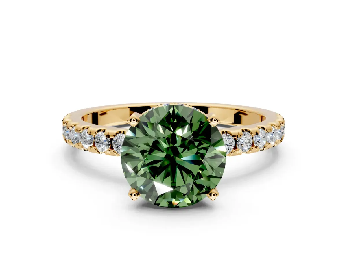 Solitaire Engagement Ring Setting for Fancy Green Round Cut Center with Band of Accents and Prong Head in Yellow Gold
