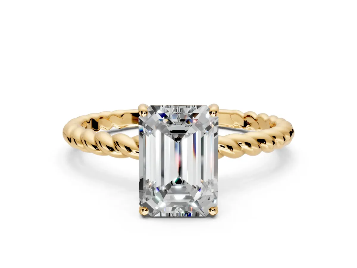 Solitaire Engagement Ring Setting for Emerald Cut Center with Plain Twisted Rope Band and Prong Head in Yellow Gold