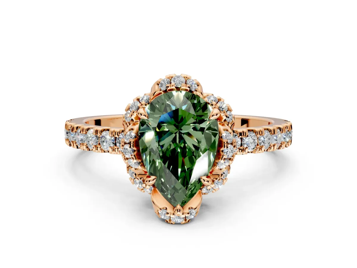 Halo Engagement Ring Setting for Fancy Green Pear-Shaped Center with Openwork Halo, Pave Band and Prong Head in Rose Gold