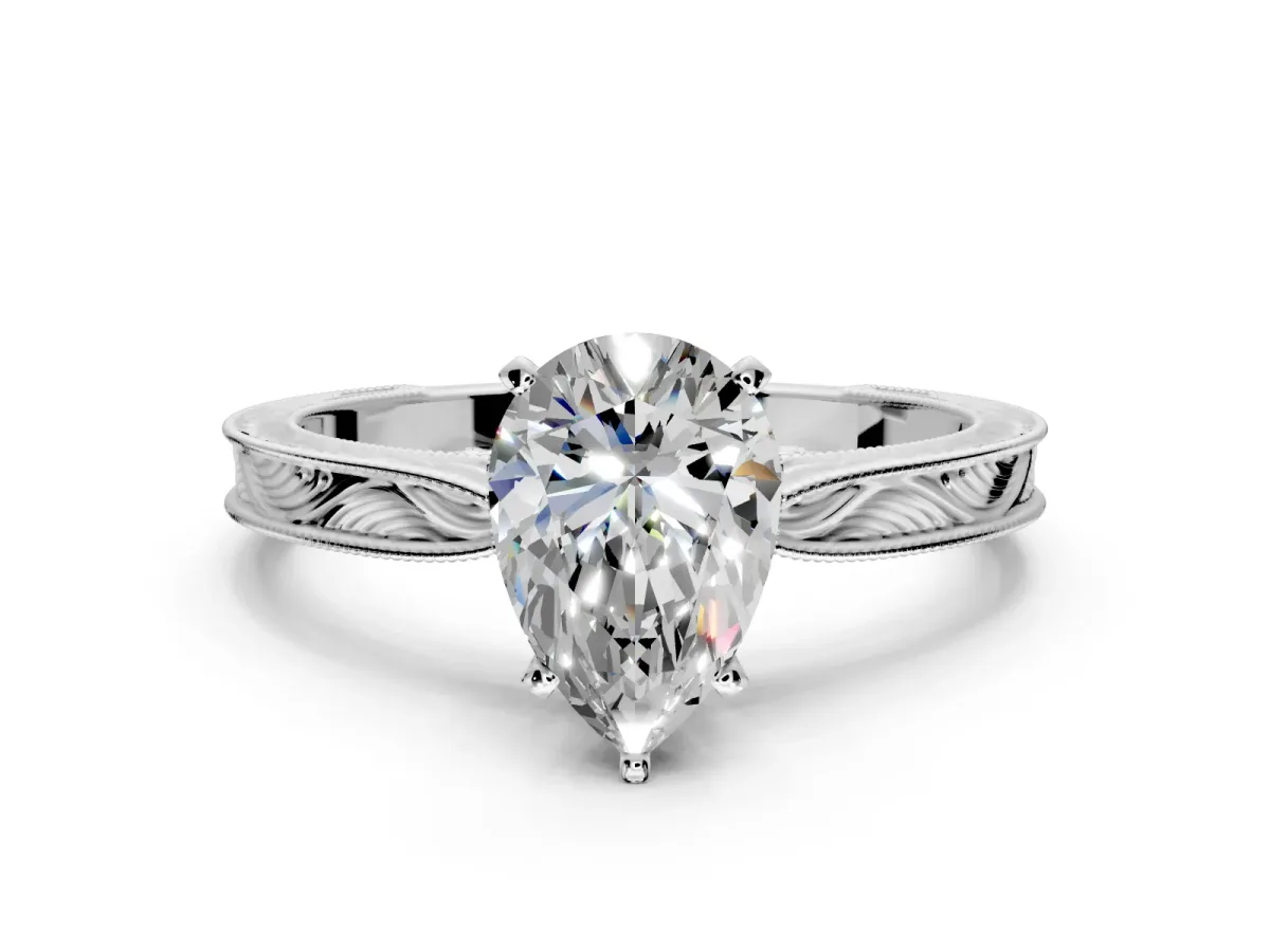Solitaire Engagement Ring Setting for Pear-Shaped Center with Engraved Milgrain Band and Prong Head in White Gold