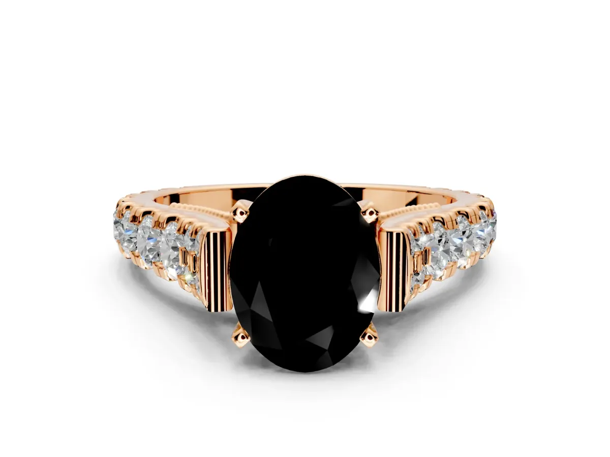 Solitaire Engagement Ring Setting for Fancy Black Oval Center with Pave Cathedral Shoulders and Prong Head in Rose Gold