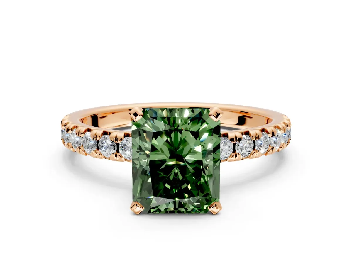 Solitaire Engagement Ring Setting for Fancy Green Radiant Cut Center with Large Accents and Prong Head in Rose Gold
